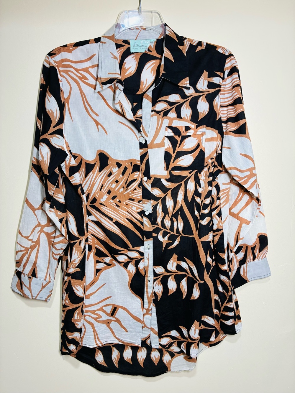 True Destinations Tropical Leaf Button-Front Swim Coverup black tan white